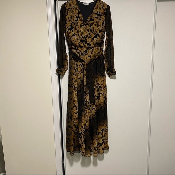 Floral black/ golden yellow chiffon maxi dress long  sleeve - Picture 1 of 15